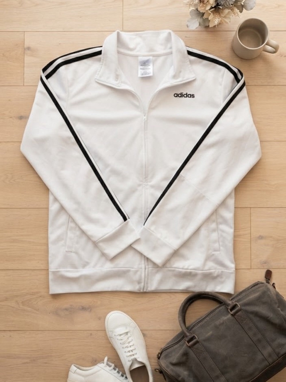 Adidas White 3 Stripe Full Zip Athletic Track Jacket - Size L